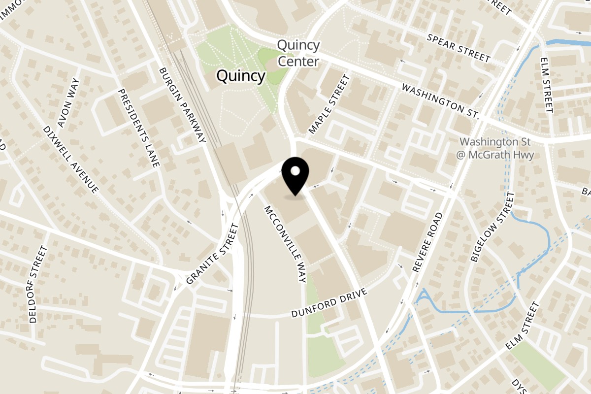Map showing the location of Angelina's Pizza on 1437 Hancock St in Quincy